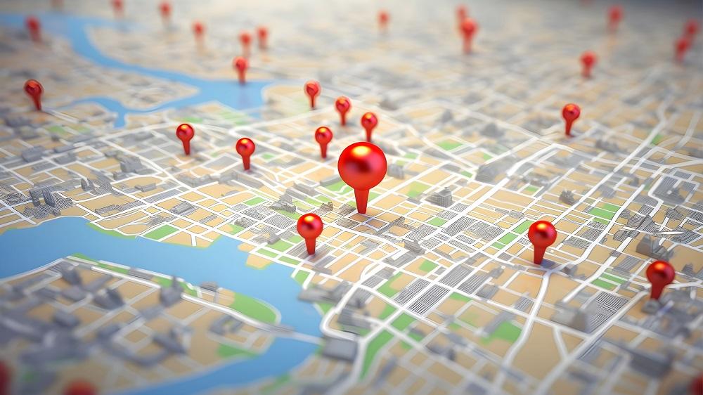 Red pins on map