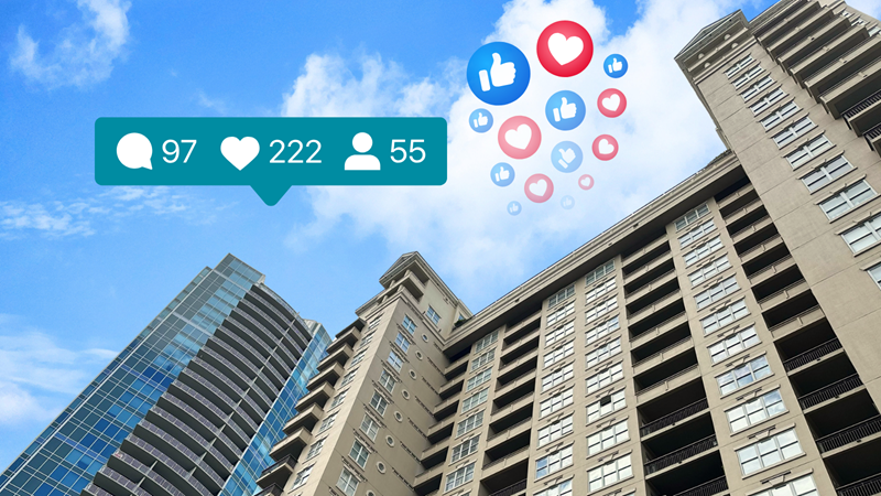 High-rise apartment buildings with social media icons and metrics