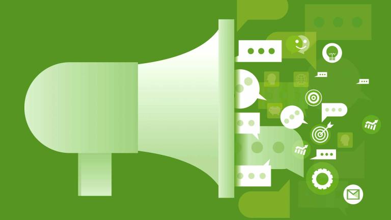 megaphone icon with social icons coming from it