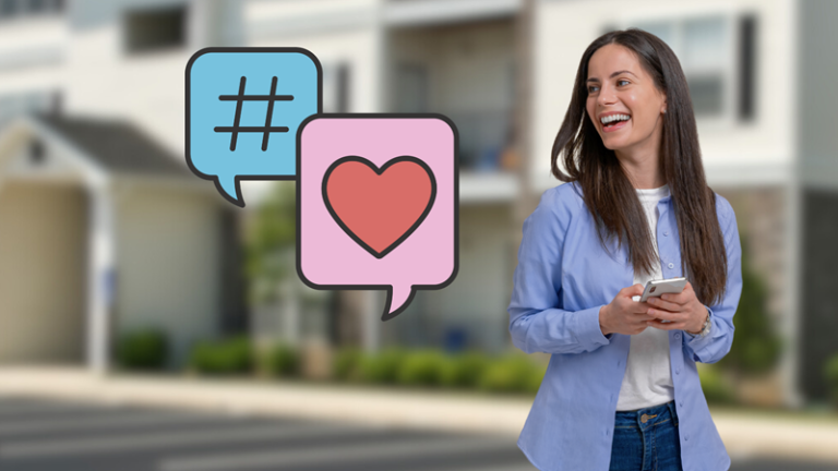 Woman with smartphone stands outside apartment community