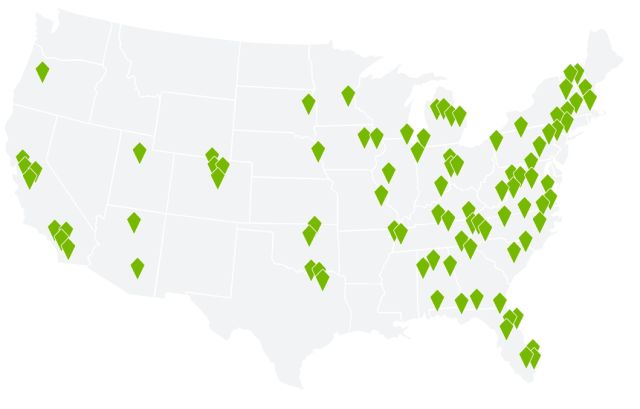 USA map with university location pins